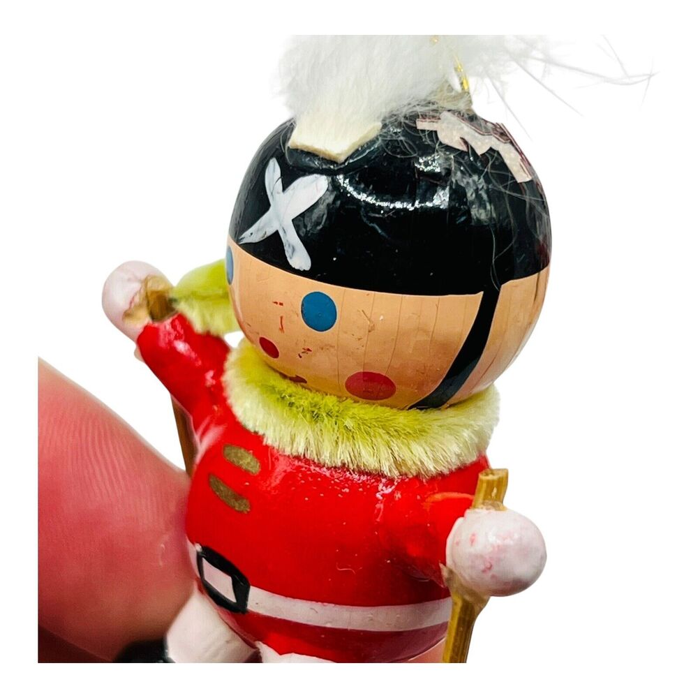 Pair VTG Skier Wood Christmas Ornaments Toy Soldier Skii Snow Cabin Set READ - Picture 7 of 11